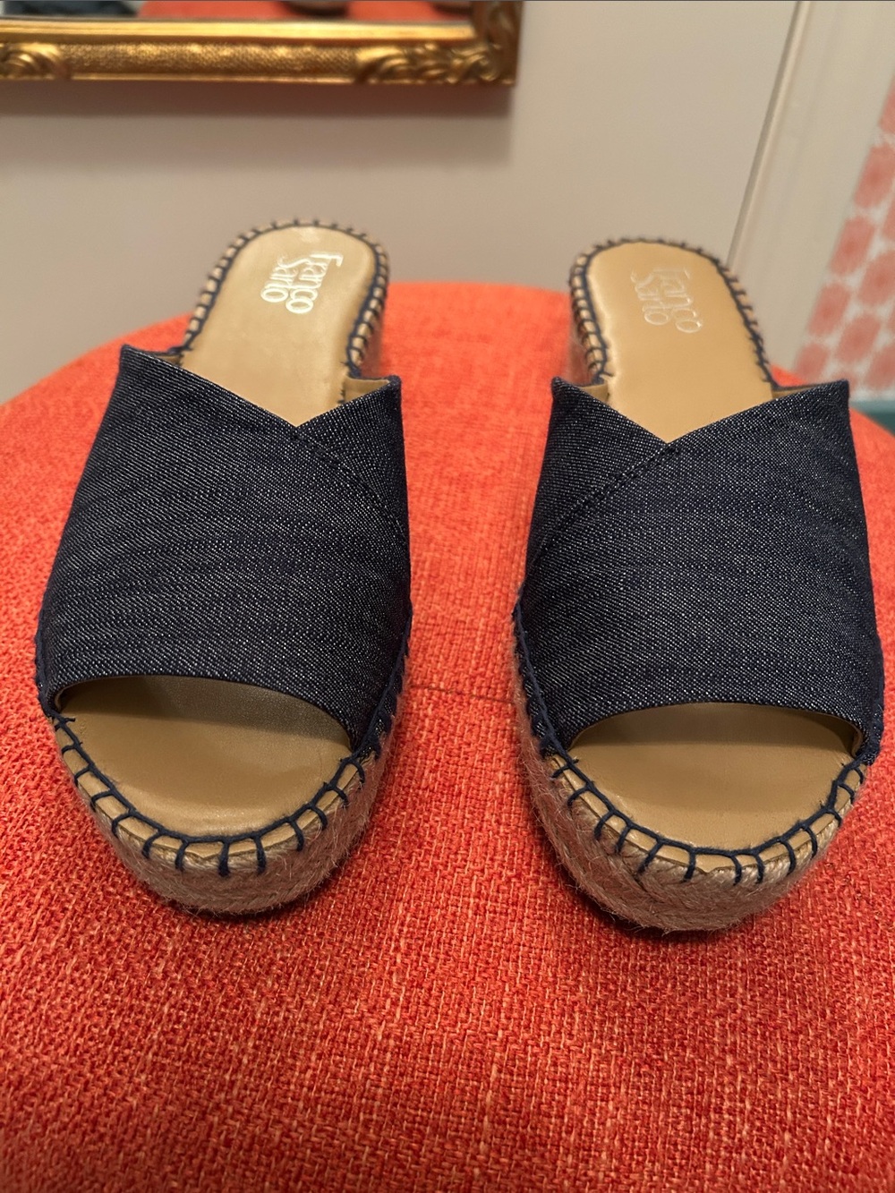 Franco Sarto Dark Blue Denim Espadrille Wedge Slides